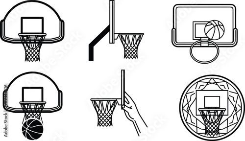 Basketball Hoop and Backboard Icon Set Featuring Minimalist Line Art Illustrations of Net Rim Ball and Sports Equipment for Competitive Tournament Game Graphics