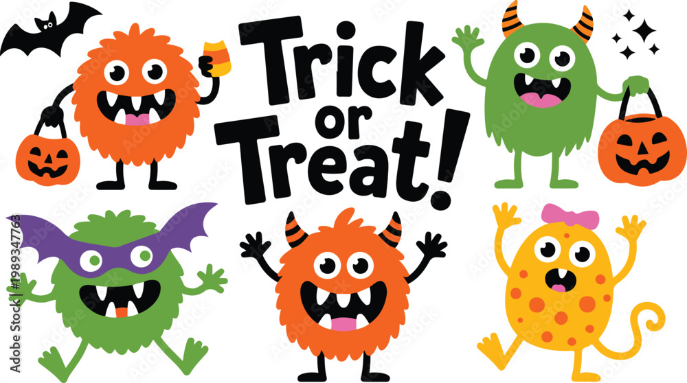Obraz premium Cute Halloween monsters illustration with Trick or Treat text colorful cartoon characters festive spooky design flat vector on white