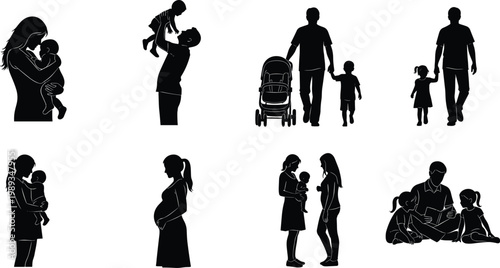 Black silhouette set of happy family moments including pregnant woman, mother holding baby, father walking with child, and parents reading with their children.
