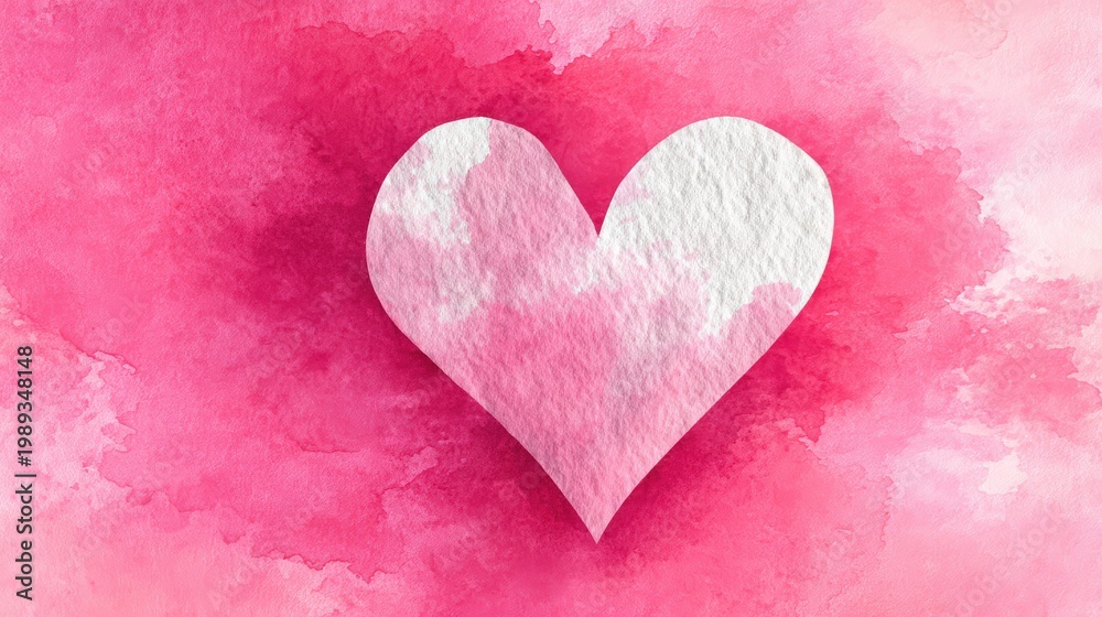 Fototapeta premium A white heart shape on a textured pink and red watercolor background, evoking feelings of love and warmth, pink heart background