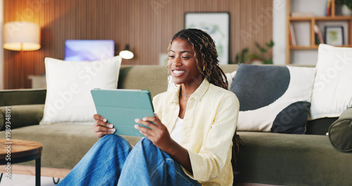 Cuadro en lienzo Happy, girl and reading on tablet in home for university portal, study registration or research