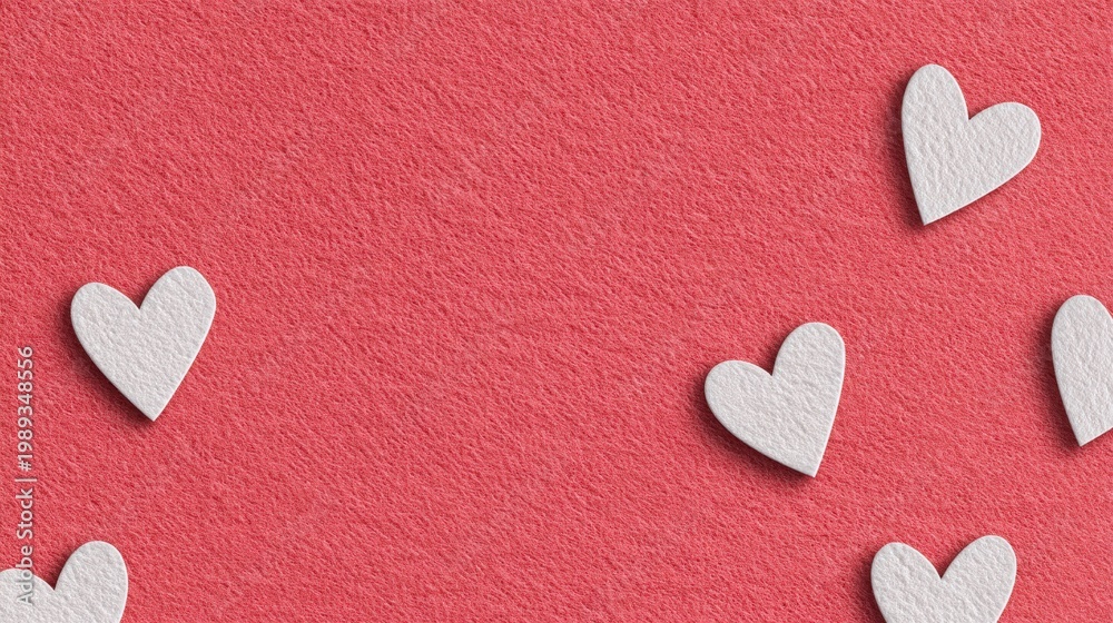 Obraz premium White paper hearts scattered on a textured pink background, a romantic and playful atmosphere, pink heart background