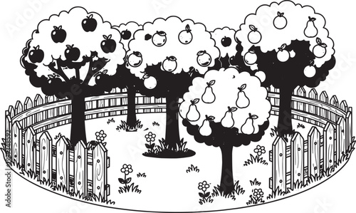 whimsical black and white orchard scene with picket fence vector illustration