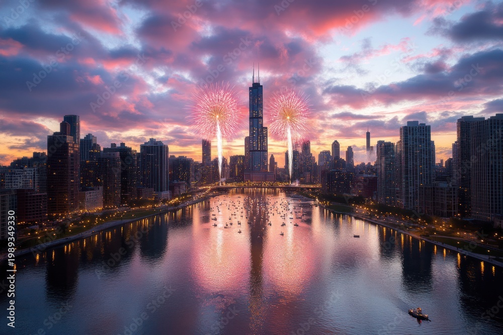 Fototapeta premium Fireworks over city for national holiday celebration, festive urban skyline night view