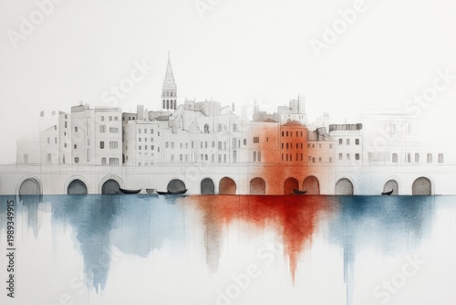 City waterfront with boats and bridges in watercolor painting style, scenic river landscape