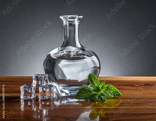 Elegant Glass Carafe Filled With Clear Liquid Fresh Mint Sprig And Ice Cubes On A Reflective Wooden Table Against A Neutral Gray Background