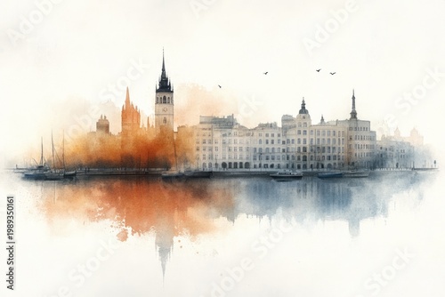Scenic waterfront city with boats and bridges in watercolor style, urban river scene