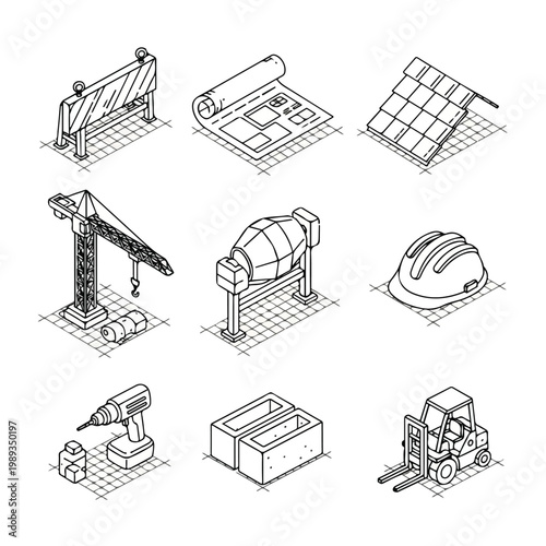 Isometric line art icons of construction and architectural tools including a crane, hard hat, and blueprint on a grid background.