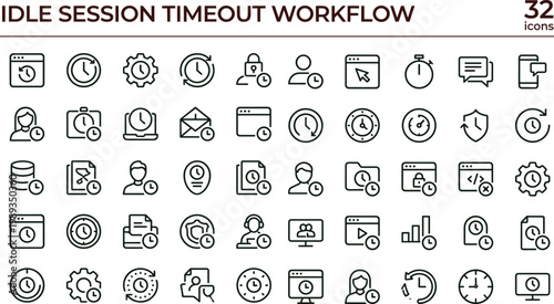 Idle session timeout workflow outline cybersecurity icon set illustrating inactivity tracking expiration alerts monitoring dashboards logout enforcement and session lifecycle management processes