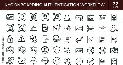 KYC onboarding authentication workflow outline cybersecurity icon set illustrating biometric verification document submission AML compliance checks and secure identity approval processes