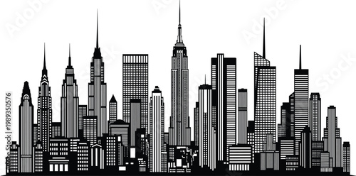 Black and white vector illustration of a New York City skyline silhouette featuring iconic Manhattan skyscrapers like the Empire State Building.