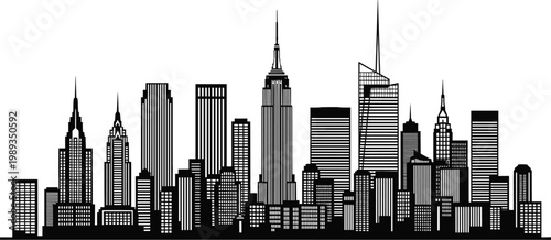Black and white vector illustration of a panoramic New York City skyline silhouette featuring the Empire State and Chrysler Building.