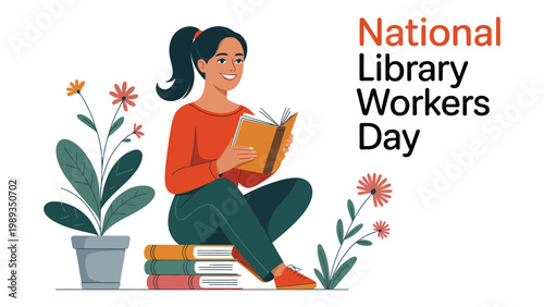 National Library Workers Day vector illustration with woman reading book and plants modern flat design celebrating librarians and learning