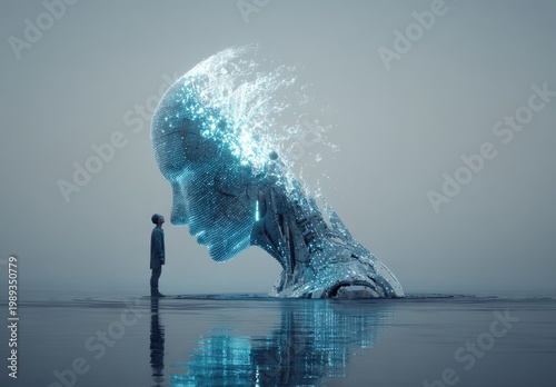 A solitary figure gazes at a colossal, shimmering head composed of digital particles, seemingly merging with the water's surface in a surreal and thought-provoking scene.