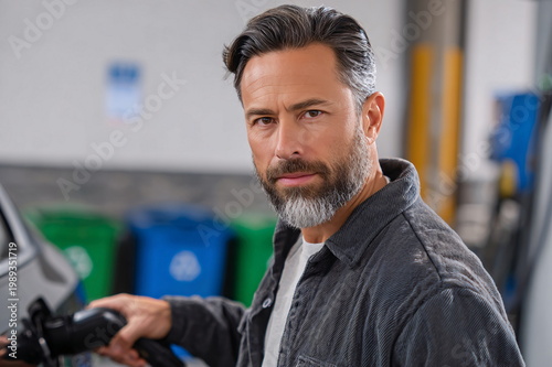 Focused Hispanic man with salt-and-pepper hair, confident gaze, charging an electric car outdoors