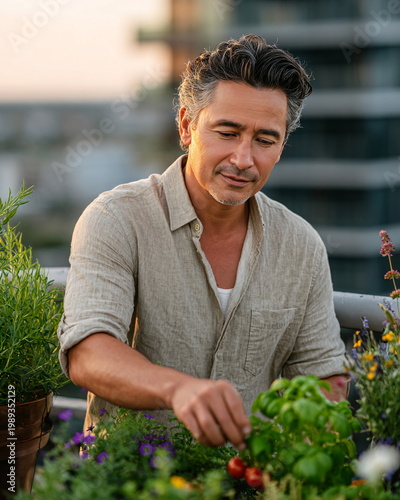 Focused middle-aged Hispanic man with warm smile gardening on a sunny rooftop