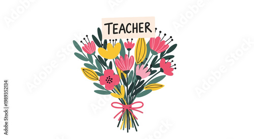 Vibrant floral bouquet illustration with a 'Teacher' tag, symbolizing gratitude and appreciation for educators on special occasions like Teacher's Day
