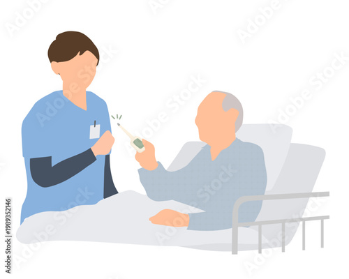 高齢男性が体温を測るシーン／セルフ検温・健康管理・入院生活・患者