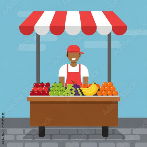 Fruit Vendor Standing Behind Market Stall.