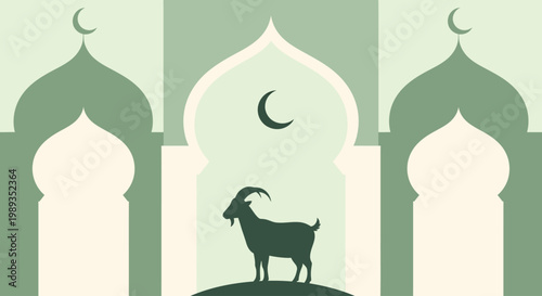 Serene graphic illustration representing an Islamic holiday, showcasing a symbolic goat, crescent moon, and mosque archways in a peaceful color palette
