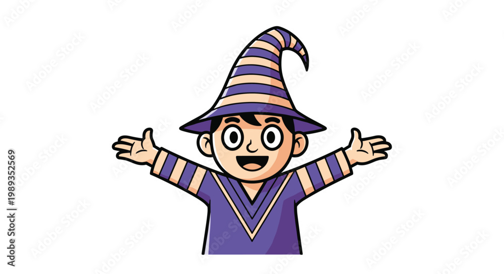 Obraz premium Happy young wizard boy wearing a striped purple hat and robe with arms wide open in a cheerful welcoming gesture.