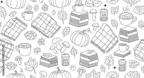 Seamless pattern of cozy autumn doodles featuring books coffee mugs pumpkins blankets and falling leaves in a black and white line art style.