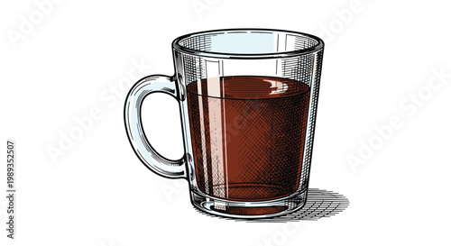 Detailed vintage style illustration of a glass mug filled with coffee or tea with realistic cross hatch shading for cafe and bistro themes.