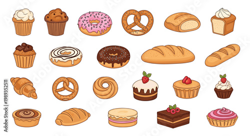 Large assortment of delicious baked goods including cupcakes donuts pretzels bread and pastries in a colorful cartoon style for bakery menus.