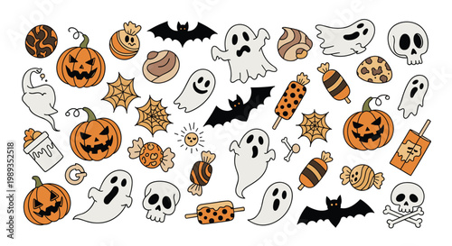 Collection of cute halloween stickers and icons featuring ghosts pumpkins candy skulls and bats in a festive orange and white color palette.