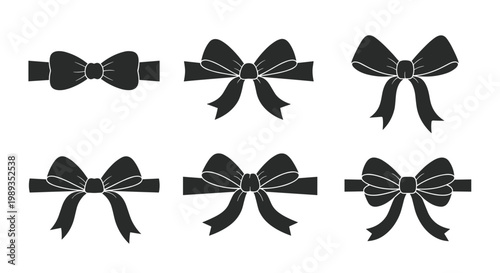 Set of six black silhouette icons of different decorative ribbons and bows for use in logo design invitations packaging and fashion motifs.