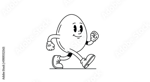 Cheerful egg character walking in a classic cartoon style with a friendly smile on its face on a clean white background.
