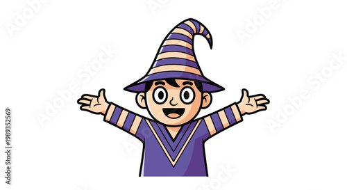 Happy young wizard boy wearing a striped purple hat and robe with arms wide open in a cheerful welcoming gesture.