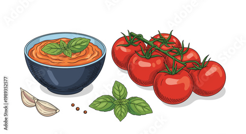 Fresh tomato sauce in a blue bowl accompanied by ripe cherry tomatoes on the vine, garlic, and fresh basil leaves.