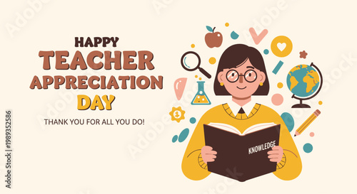 Show sincere gratitude to educators on Teacher Appreciation Day with this cheerful illustration, celebrating their commitment, knowledge, and invaluable impact on learning