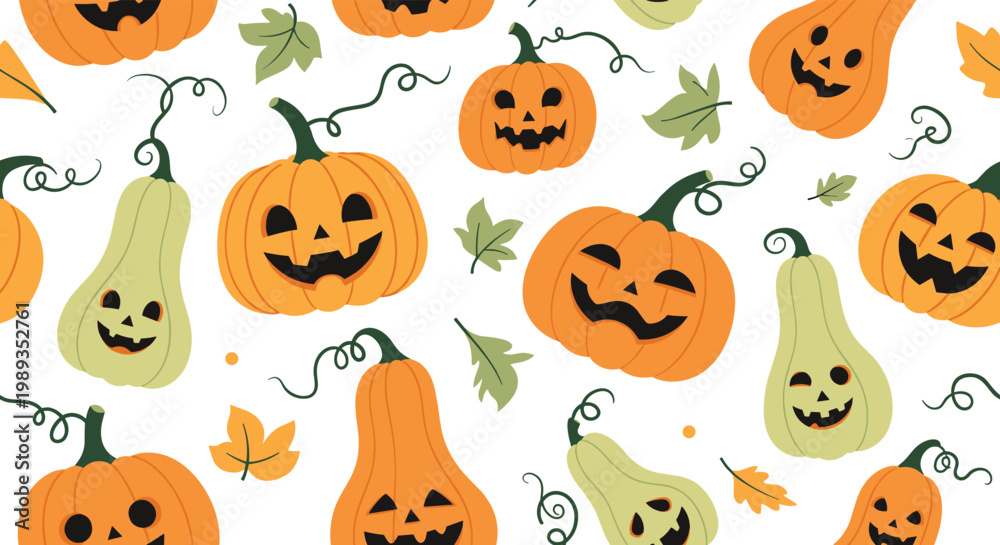 Obraz premium Vibrant seamless pattern of carved orange pumpkins and green fall leaves on a white background perfect for halloween and autumn decorations.