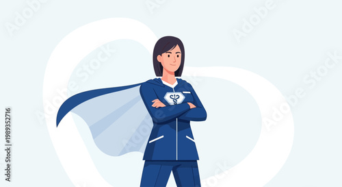 Empowered female medical professional portrayed as a modern superhero, exuding confidence and strength in her role, embodying care and commitment