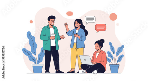 Diverse group of young people interacting and collaborating in a modern office or coworking space with speech bubbles.