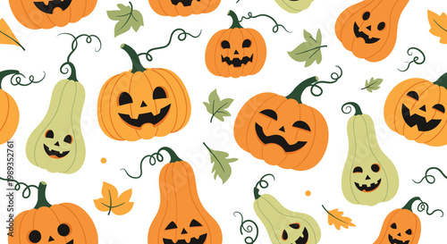Vibrant seamless pattern of carved orange pumpkins and green fall leaves on a white background perfect for halloween and autumn decorations.