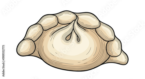 Detailed engraving style illustration of a single traditional dumpling or pierogi with crimped edges on a plain white background.