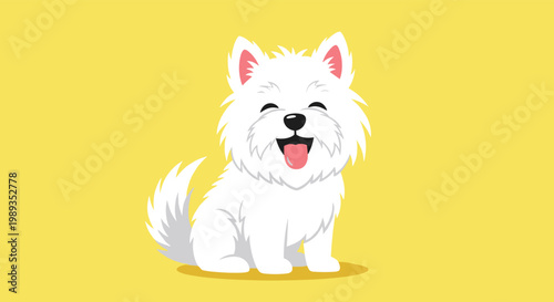 Cheerful illustration of a small white fluffy dog sitting and smiling with its tongue out against a vibrant solid yellow background.