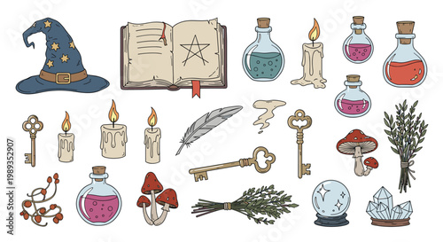 Set of magical wizardry and alchemy items including a pointed hat, spell book, potion bottles, crystals, and melting candles.