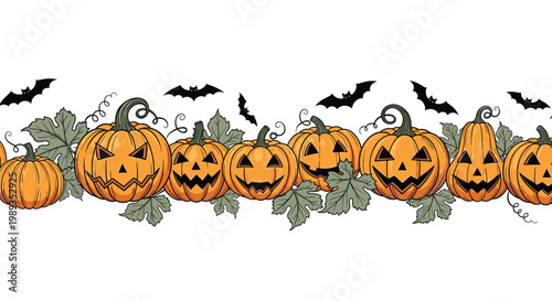 Horizontal border design featuring several carved orange jack-o-lanterns with spooky faces and flying black bats.