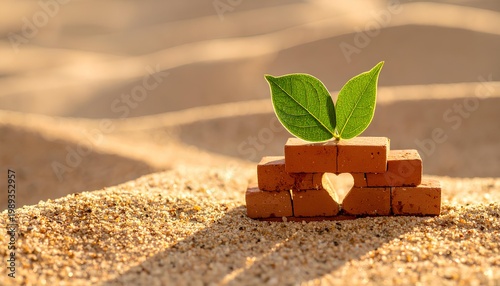 Sustainable Red Brick Masonry with Heart Shape and Green Leaves on Sand