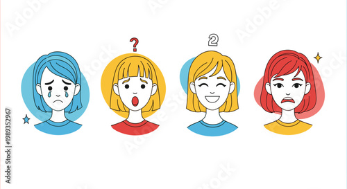 Row of four circular portraits of a young girl expressing different emotions like sadness, surprise, joy and anger.