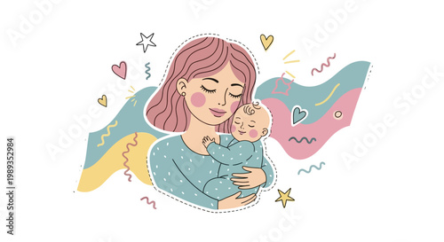 Tender flat illustration of a mother embracing her baby, surrounded by colorful abstract shapes and stars. It captures the joy, warmth, and special bond of motherhood and family
