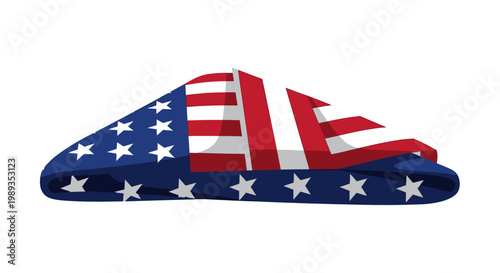 Sweeping patriotic emblem with stars and stripes pattern, representing national pride and dynamic spirit in a modern graphic design