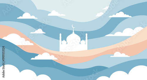 Harmonious vector illustration of a mosque silhouette gracefully set amidst serene, layered pastel clouds and abstract wavy patterns, evoking spiritual peace and tranquility