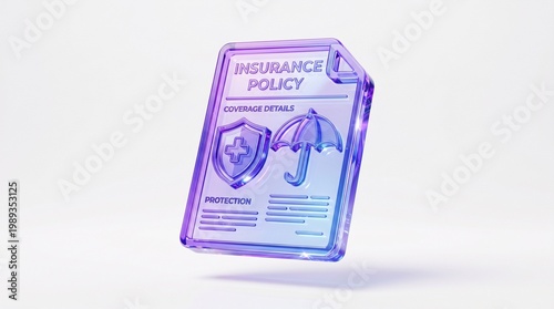 Luminous 3D render of an essential insurance policy document, featuring symbols of health protection and comprehensive coverage, illustrating financial security and peace of mind