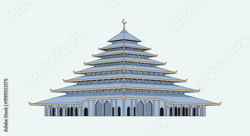 Minimalist vector illustration of a grand multi-tiered mosque, featuring a distinctive pagoda-style roof and a crescent finial, symbolizing spiritual tranquility and rich cultural heritage