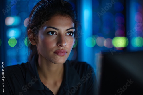 Focused South Asian female cybersecurity analyst working late at night